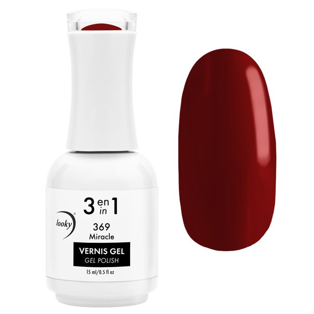 Looky Vernis à Ongles Gel 3-en-1, Couleur de Base, Qualité Salon, Durcissement UV LED, Longue Durée, 15ml - 369 Miracle (Rouges)