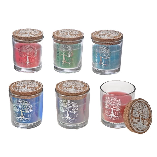 Tree Of Life Scented Candle In Glass Votive With Cork Lid - Set of 6 featuring assorted coloured scented candles in clear glass votives with white tree of life designs and cork lids engraved with the tree motif, one lid removed beside a pink candle, suitable for home décor and adding a tranquil ambiance.
