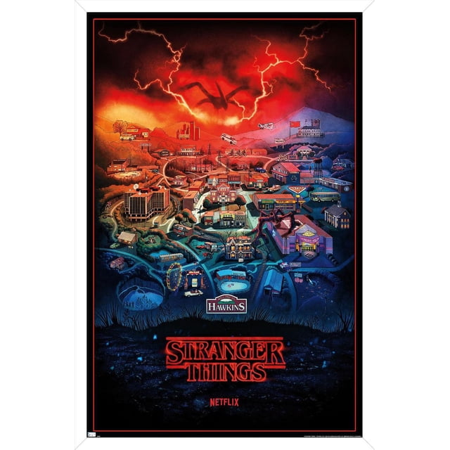 Netflix Stranger Things : Saison 4 - Hawkins, Affiche Murale de l'Indiana, 22,375 Po x 34 Po Encadrée, Représentant une Carte Illustrée Détaillée de Hawkins avec des Bâtiments, des Routes et des Monuments sous un Ciel Rouge Orageux avec des Éclairs et une Figurine de Monstre Ombrée, Dotée d'Une Finition Satinée de Qualité Supérieure et d'Un Cadre Léger avec Accroche-Dents de Scie, Idéale pour la Déco de la Maison et les
