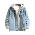 thumbnail image 1 of Denim Jacket for Men, Long Sleeve Hooded Motorcycle Style with Button Pocket, Black, Standard Thickness, Hand Wash Cold, 1 of 9