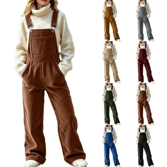 XZNGL Corduroy Overalls Women Vintage Wide Leg Bib Jumpsuit with Pockets Adjustable Strap Casual Fall Winter Workwear Romper Pants
