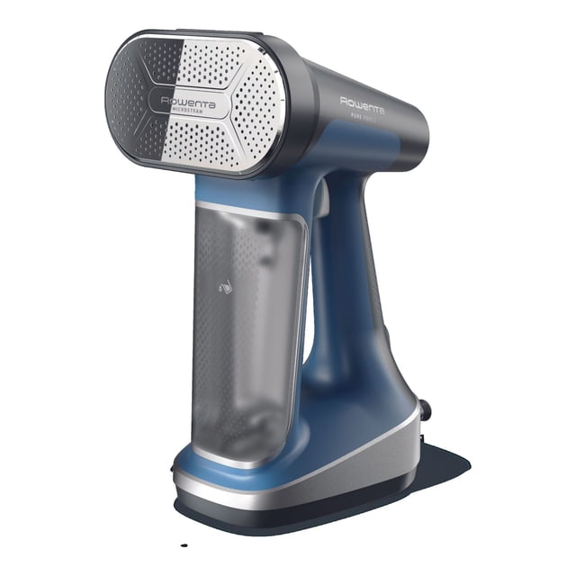 Rowenta Pure Force 2-in-1 Garment Steamer, Iron & Garment Steamer for Clothes, Corsican Blue shown in a 3/4 profile with a large XL soleplate featuring 300 steam holes, ergonomic handle, and translucent 7.1 oz water tank. Designed for vertical steaming and horizontal ironing with 1875 W power and five steam settings for efficient wrinkle removal.