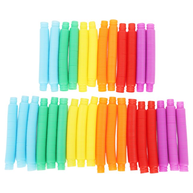 Pop Tube Toy, Expandable 30 Pcs Pop Tubes in 6 vibrant colors including yellow, orange, blue, purple, green, and red. These novelty toys are stretchable, bendable, and can be shaped into letters, numbers, or other creative forms. Ideal for entertainment and improving fine motor skills.