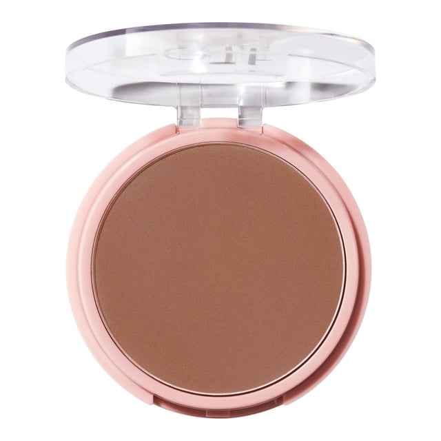 e.l.f. Cosmetics Halo Glow Powder Filter in a round pink compact with a clear lid, showing a smooth medium brown pressed powder surface, lightweight and crease-resistant setting powder that blurs pores and controls shine for a natural, soft-focus glow.