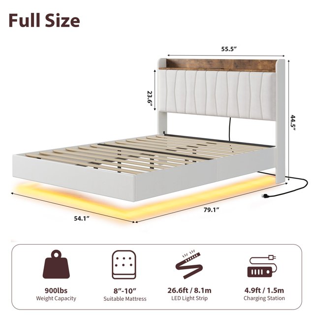 AKDSteel Cadre de Lit Flottant avec Tête de Lit Rembourrée avec Rangement, Design Plateforme avec Station de Recharge et Lumières DEL, Tissu en Lin, Aucun Sommier Requis