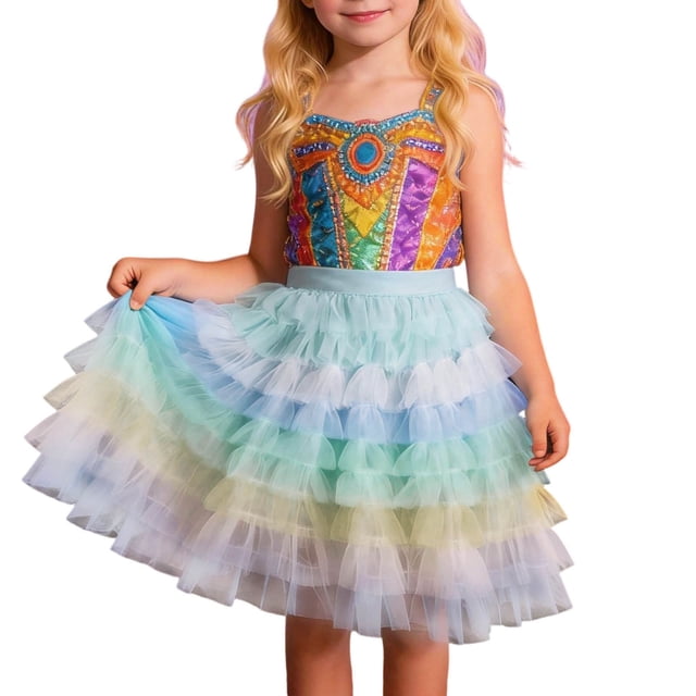 MIASHUI Jupe de Ballet pour Filles à Volants Patchwork pour Danse Fête Enfants Bleu, 4-5 Ans