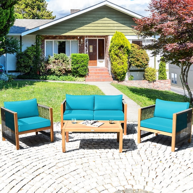 Costway 4PCS Wooden Patio Furniture Set CUS01hioned Sofa W/Rope Armrest Turquoise