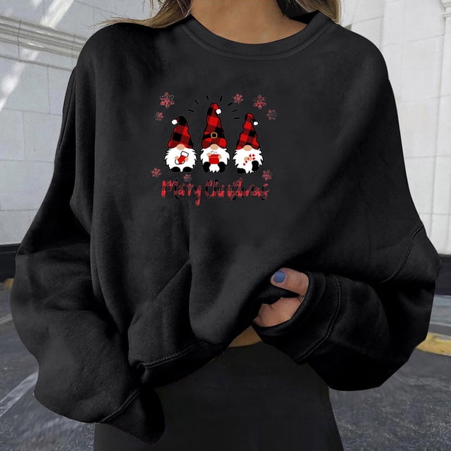 Qertyioot Pull d'Hiver Mode Femme Imprimé de Noël, Manches Longues Col Rond Chaud Ample Tendance Hauts Tricotés