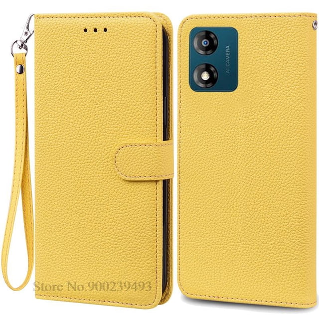 E13 Case For Motorola Moto E13, a yellow leather wallet flip cover with a plain design. Features include a lanyard strap, anti-scratch and dustproof protection, card pocket, and shock-resistant TPU and PU leather material. Compatible with Motorola Moto E13.
