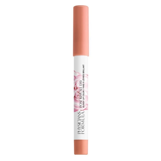 Rosé Kiss All Day Glossy Lip Color - Sweet Nothings by Physicians Formula, a slim lip gloss pen with peachy nude cap and base, white body featuring pink rose graphic and black text, delivering a glide-on, antioxidant-rich formula with rose water and vitamin C for smooth, hydrated lips.