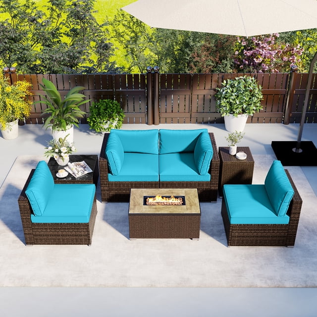 Costway 7 Pieces Outdoor Furniture Set with 32" Fire Pit Table and Propane Tank Cover Turquoise