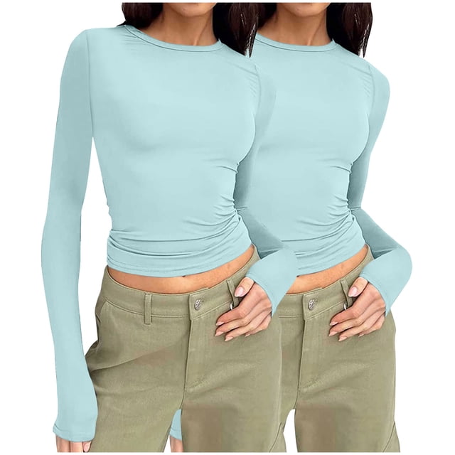 Frostluinai 2 Pack Y2K Shirts for Women Long Sleeve Ruched Tops Crew Neck Workout T Shirts Solid Color Slim Fit Blouses Soft Crop Tees