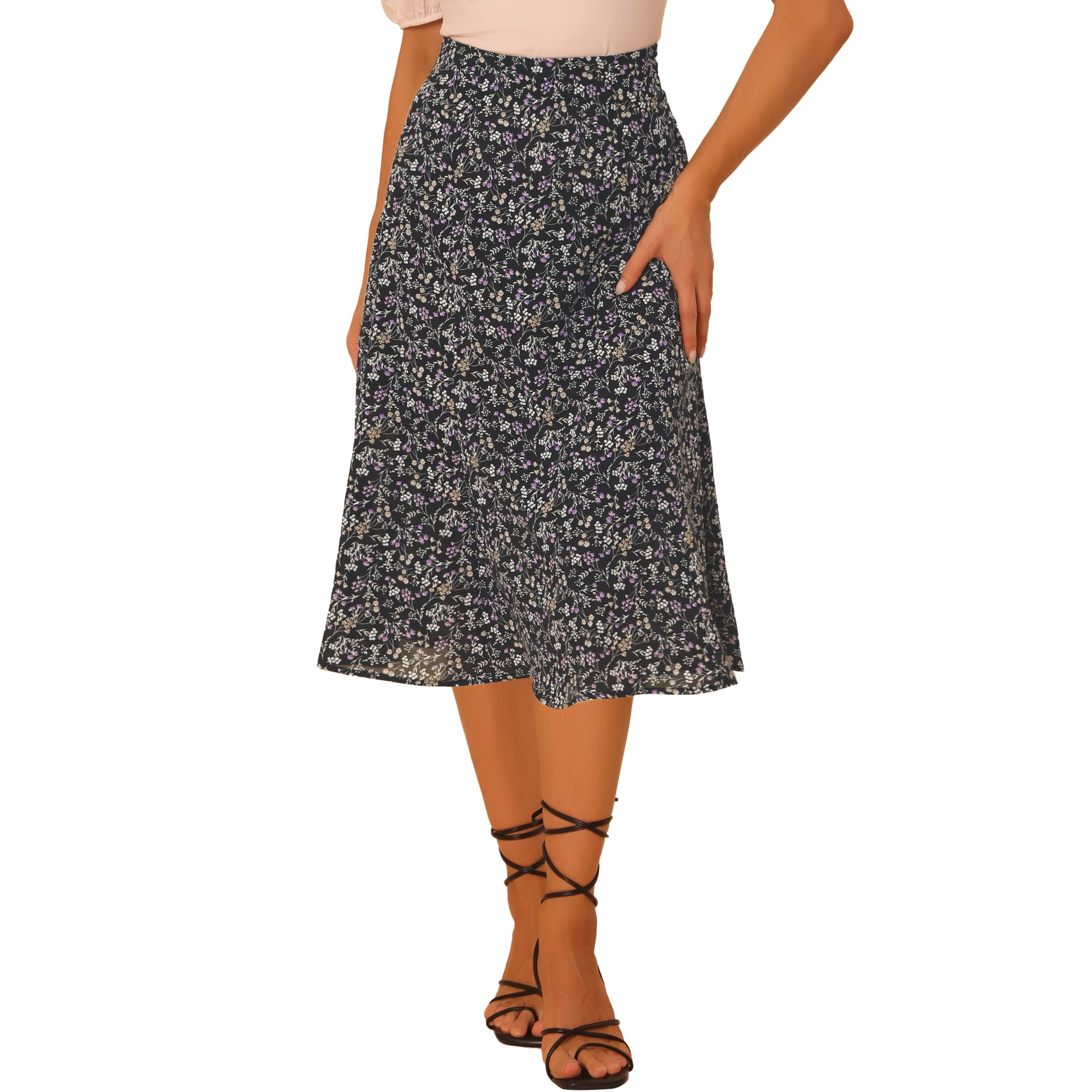 Inspire Chic Unique Bargains Women's Peasant Elastic Waist A-Line Midi Leave Print Skirt Black Purple L