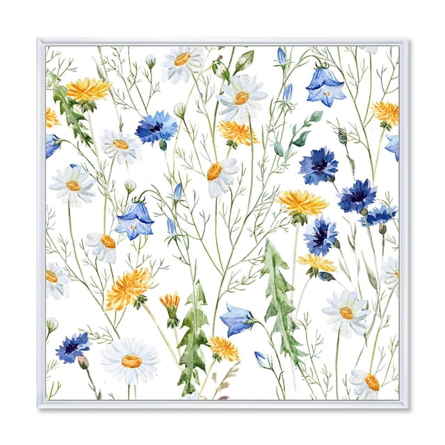 Designart Cadre Mural Flottant Camomille et Trèfle Cloche II ART avec un Cadre Flottant Blanc Entourant une Impression sur Toile Enveloppée de Galerie de Fleurs Sauvages Aquarelle Incluant des Marguerites Camomille Blanches avec des Centres Jaunes, des Fleurs Cloche Trèfle Bleues et des Pissenlits Jaunes sur un Fond Blanc, Imprimé sur Toile de Coton de Qualité Supérieure avec des Encres Résistantes à la Décoloration, Arrivant Prêt à Accrocher et Convenant à la Décoration Murale de Style Cottage.