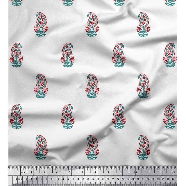 Soimoi Polyester Crepe Fabric Leaves & Paisley Block Print Fabric by Yard 42 Inch Wide