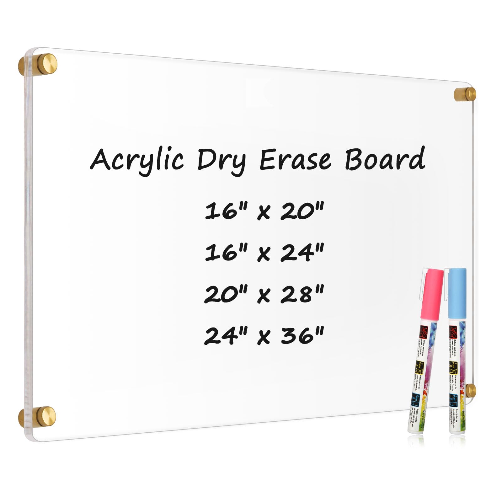 AMUSIGHT Large Clear Acrylic Dry Erase Board, 36" X 24" Golden Non-Magnetic Frameless Clear White Board for Wall, Erasable Acrylic Board for Wall, Ho
