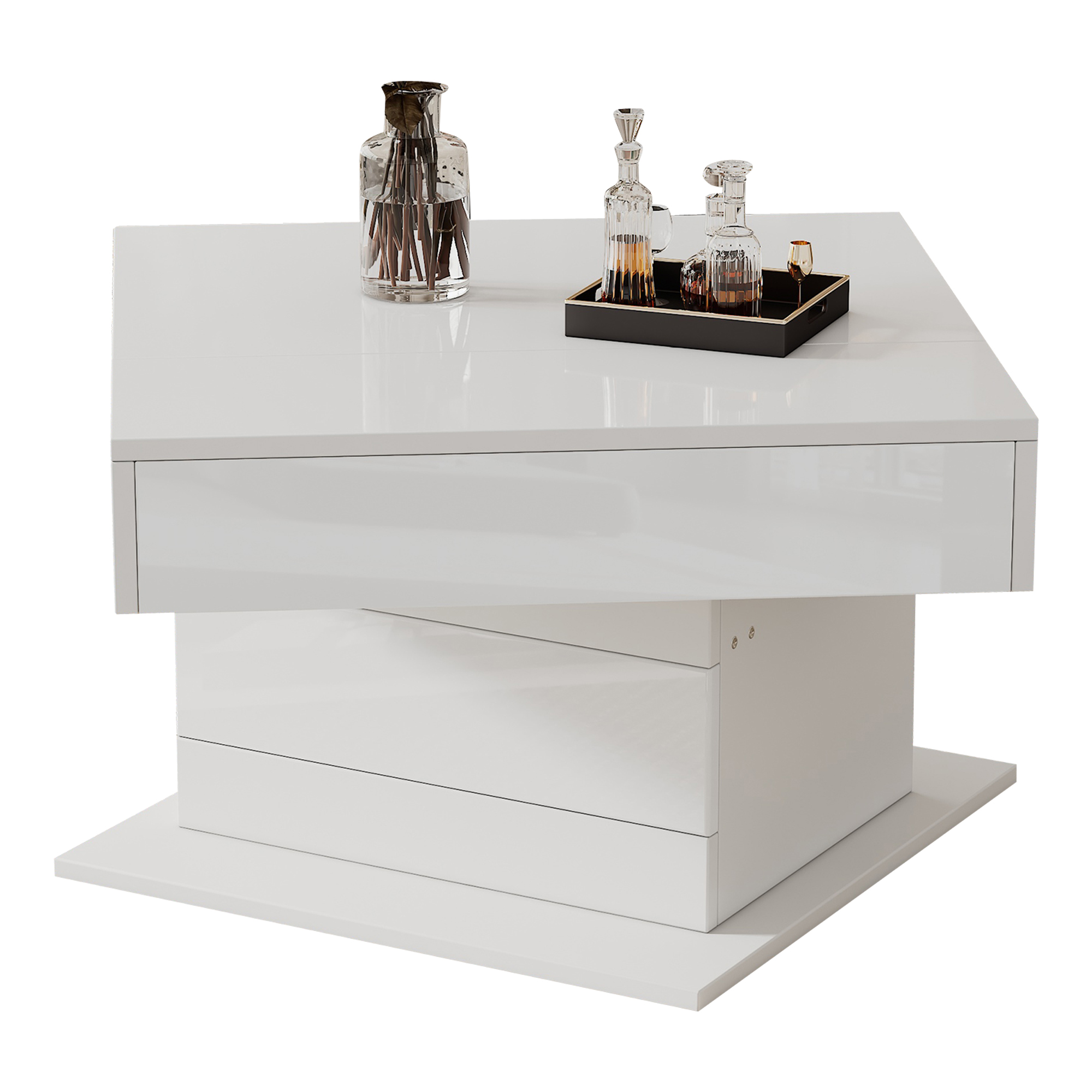 Homy Casa 27.5-Inch Square Lift-Top Coffee Table, 360° Rotating High-Gloss Top, Hidden Storage and Drawer, White and Natural Wood