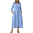 thumbnail image 4 of Pisexur Robes en Coton et Lin pour Femmes Décontractées Unies à Boutons Longues Robes Mode Col Rond Manches 3/4 Robe Maxi Fluide pour Quotidien, Travail, Plage P-2TG, Bleu, 4 of 9