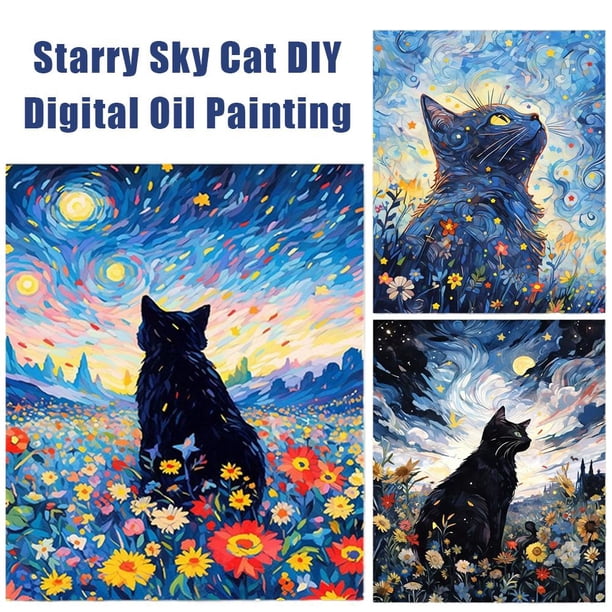 MEIYUDA Peinture par Numero Adulte Chat noir avec Cadre, DIY Nuit étoilée Peinture pour Débutants, Facile sur Toile Avec Peintures et Pinceaux Decoration Maison Cadeau 30x40cm