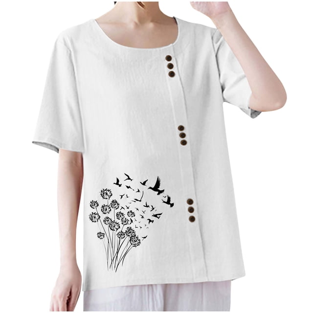 T-shirts en Lin à Col Rond Oversize pour Femmes, Manches Courtes, T-Shirts en Coton, Imprimé Floral, à Boutons, Blouses Tendance