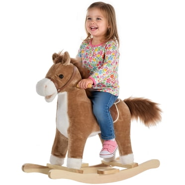 Qaba Cheval à Bascule en Peluche sur Basculeurs en Bois avec Sons, Brun