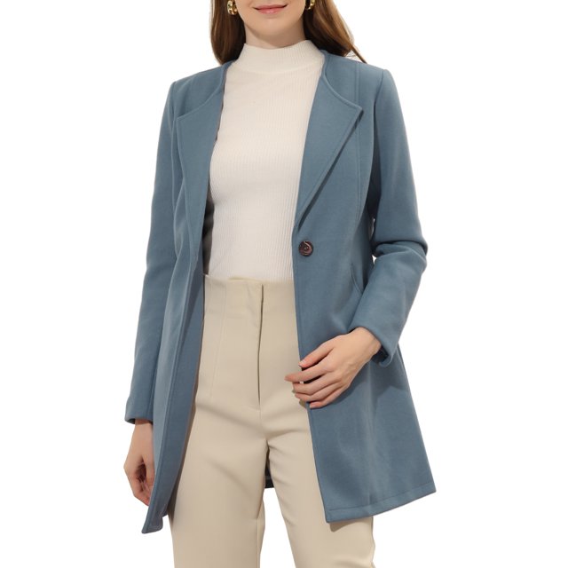 INSPIRE CHIC Women's Half Lapel Long Sleeves One Button Winter Mid-Length Overcoat XL Gray Blue