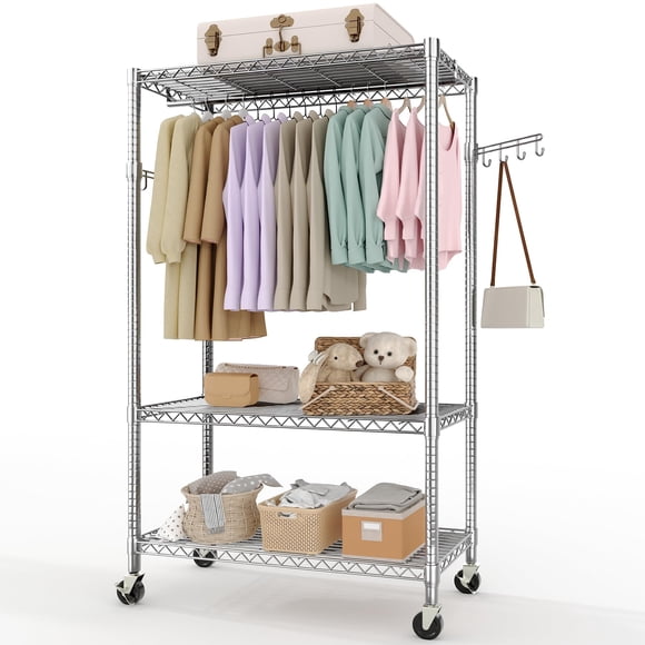 BeesClover Rolling Clothes Rack, Heavy Duty Metal Garment Rack, Adjustable Storage Shelves & Hooks, Portable Wire Rack for Hanging Clothing Coats, NSF Certified
