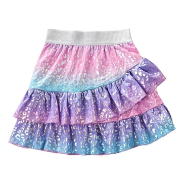 PMVFHDE Girls Elastic Waist Skirts Girls Ruffle Skirt Sparkling Scales Layered Skirt Hem Wrap Side Mini Skirts Sky Blue,6-7 Years