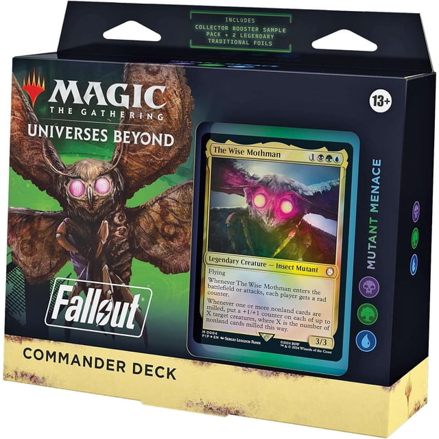 MtG Universes Beyond: Fallout Mutant Menace Commander Deck featuring a 100-card Black-Green-Blue deck, including 2 Traditional Foil Legendary cards and 98 nonfoil cards. The set also includes a Collector Booster Sample Pack with 2 special treatment cards, a foil-etched Display Commander, 10 double-sided tokens, a deck box for 100 sleeved cards, a Life Wheel, a strategy insert, and a reference card. The packaging showcases the Fallout theme with artwork of 'The Wise Mothman' Legendary Creature card.