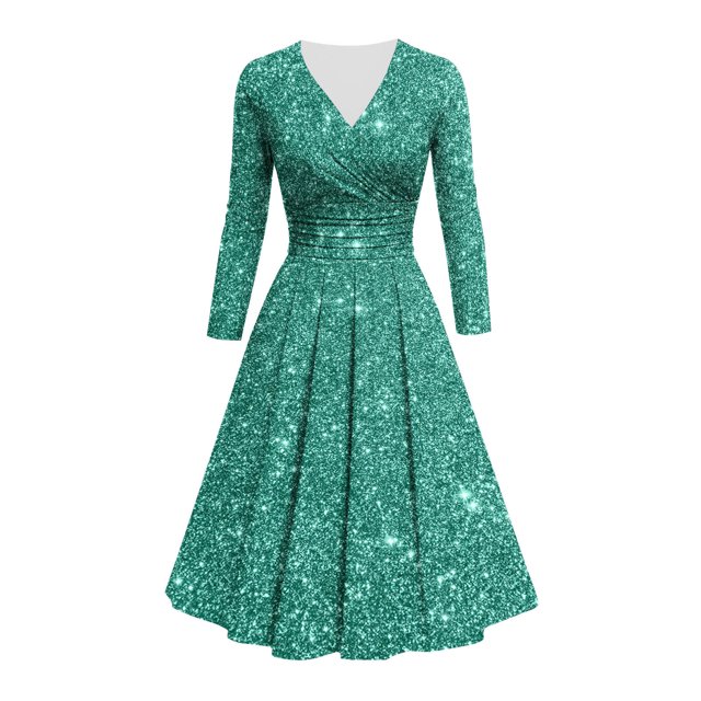 Offre à Durée Limitée Iumwxz Robe à Col en V à Manches Longues pour Femmes Tunique Robe de Performance Robe à Imprimé Brillant Robes Longues pour Femmes Robe Ample et Fluide pour la Rue