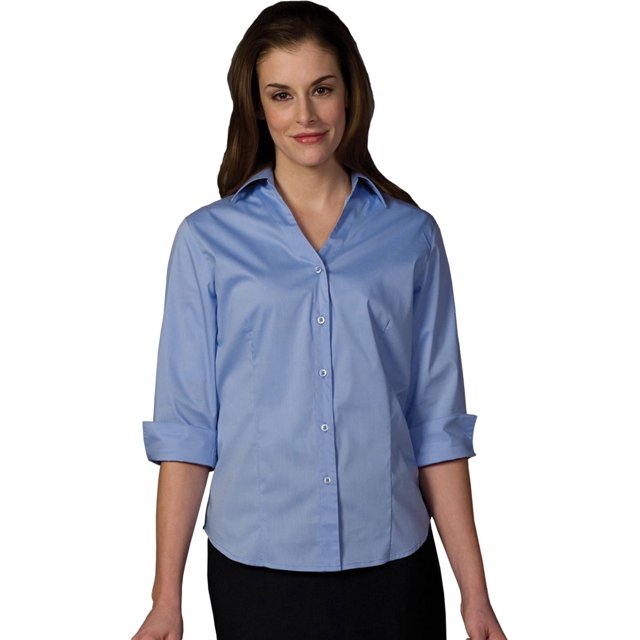 Ed Clothes 5045 Blouse en Popeline Extensible Ajustée à Col en V 3/4 Slv - Bleu - Très Très Petit
