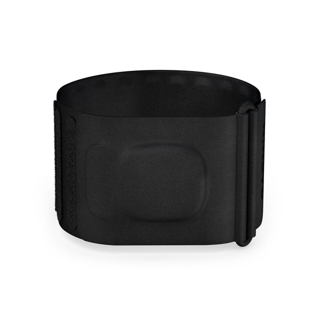 Garmin Index™ Sleep Monitor - L/XL shown in a centered front view, a black sleep armband with a smooth fabric band and rectangular sensor pad, worn on the upper arm to track sleep stages, heart rate variability, and skin temperature, syncing data with Garmin Connect app.