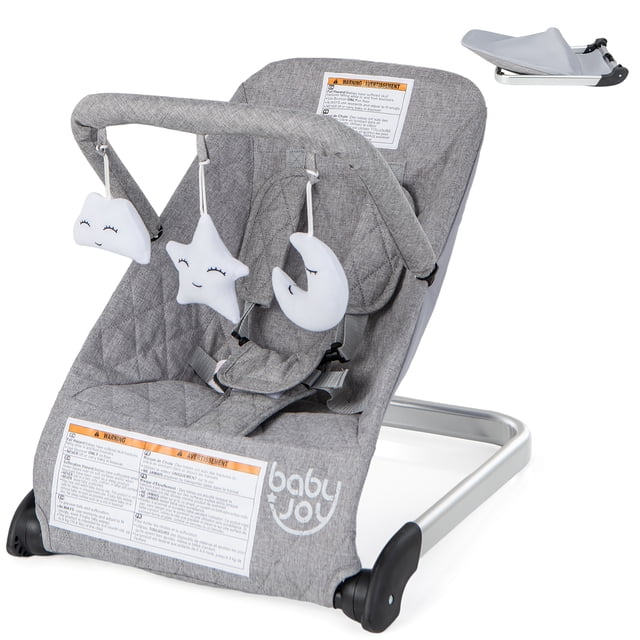 Gymax Baby Bouncer, Foldable Baby Rocker with 5-point Safety Harness in grey. Features a soft ergonomic fabric seat, sturdy metal frame, and lightweight aluminum base. Includes a detachable toy bar with three plush toys and a removable, washable seat cover. Designed for infants aged 0-6 months, with a weight capacity of 20 lbs. Foldable for easy storage and transport.