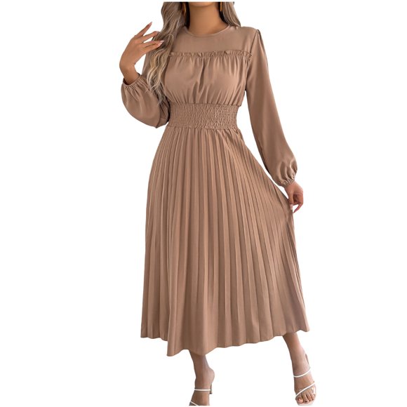 Ltctricy Maxi Dresses for Women Lantern Long Sleeve Crew Neck Ruffle Trim Smocked Waist Pleated A-Line Dress Cocktail Party Dresses