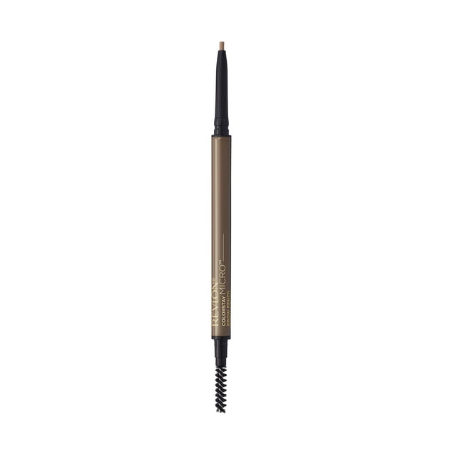 ColorStay Micro™ Brow Pencil by Revlon shown vertically with the angled tip extended and spoolie brush on opposite ends of the slim brown pencil with gold lettering, designed for precise, waterproof eyebrow filling and blending with up to 16-hour wear.