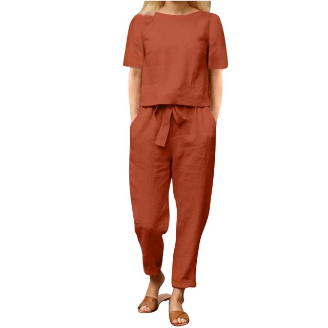 Mikilon Ensemble Élégant pour Femmes 2 Pcs Mode Col Rond Manches Courtes Haut Pantalon Long Ensemble Décontracté Mode Col Rond Manches Courtes Hauts Pantalons Ensemble Décontracté Rouge 4TG