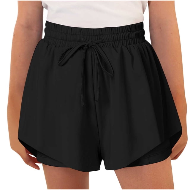 Tumotour Athletic Shorts For Teens Elastic Gym Running Biker Shorts For Teen 2-In-1 Running Active Workout Shorts. Black flowy outer layer with compression inner shorts, elastic waistband with drawstring, designed for girls aged 6-15 years. Lightweight and breathable fabric ideal for girls' activewear bottoms, suitable for sports, dance, and casual wear.