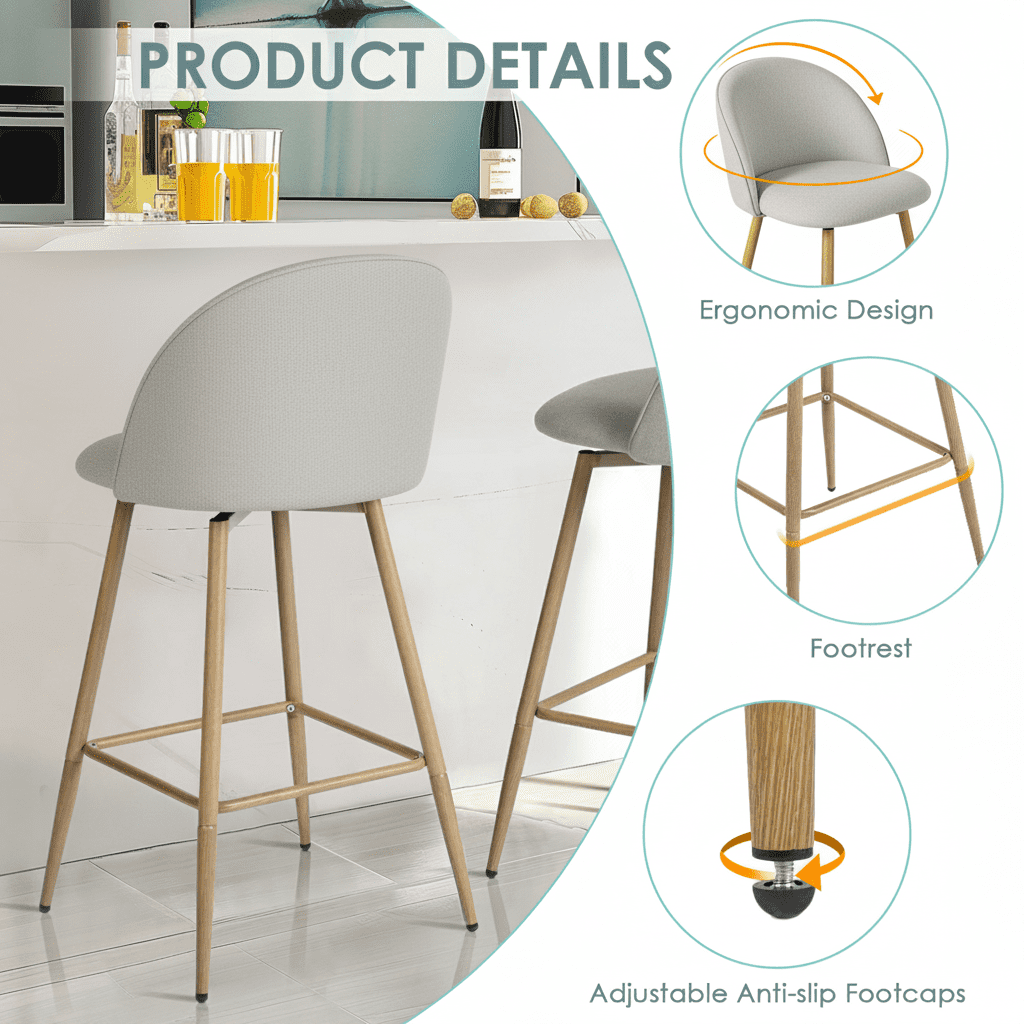 Ensemble de 2 tabourets de bar modernes Homy Casa avec revêtement en tissu - Hauteur d'assise réglable de 66 cm (26 po) - Idéal pour îlot de cuisine