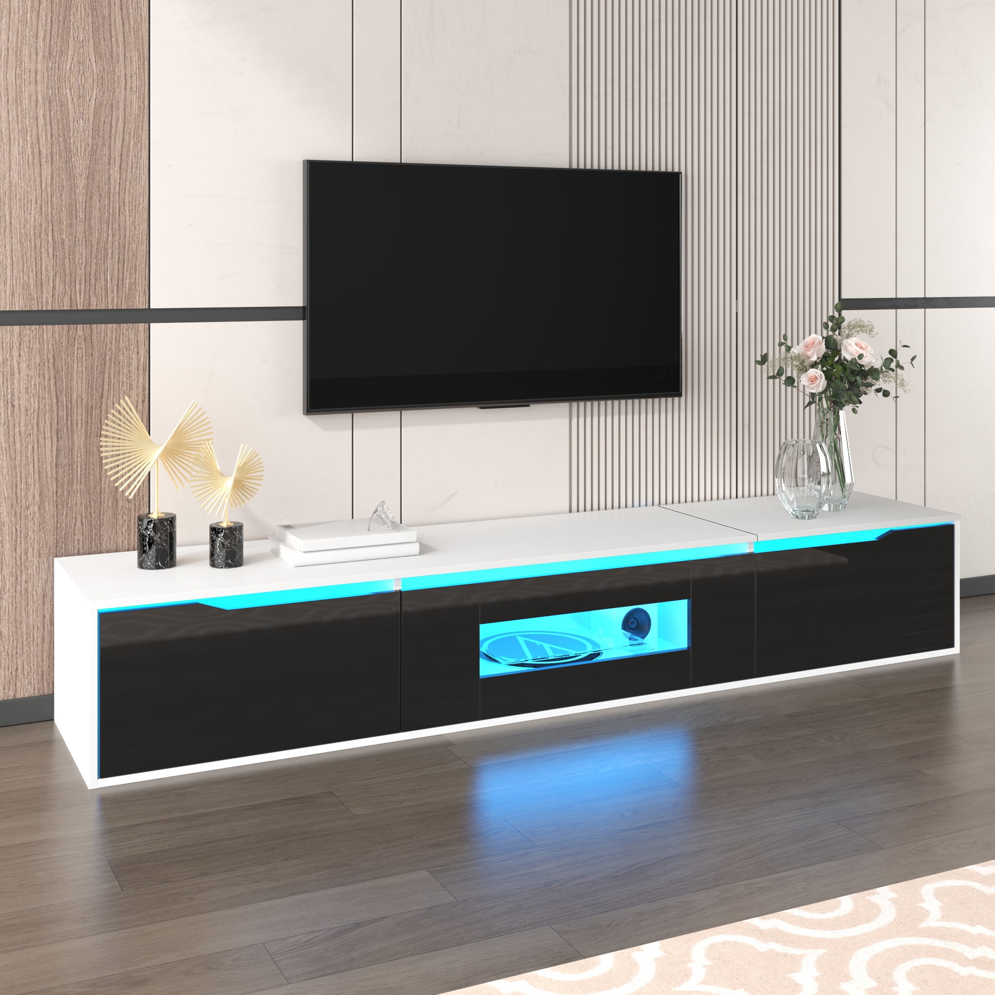 Noble House TV Stand, Color-Matched to High-Gloss Black and Wood Tone, with Color-Changing LED Lighting.(Door without glass)