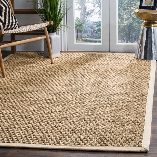 Safavieh Natural Fiber Collection NF114J Border Basketweave Seagrass Area Rug, 4' x 4' Square, Ivory