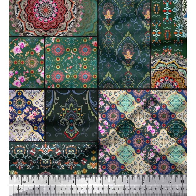 Soimoi Moss Georgette Fabric Ogee & Mandala Patchwork Fabric Prints by Yard 42 Inch Wide