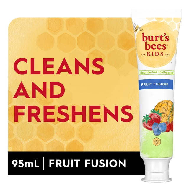 Burt's Bees Kid's Toothpaste fluoride free Fruit Fusion in a 95mL tube with fruit illustrations on a white and green background, formulated for gentle kids oral care to clean and freshen teeth daily.