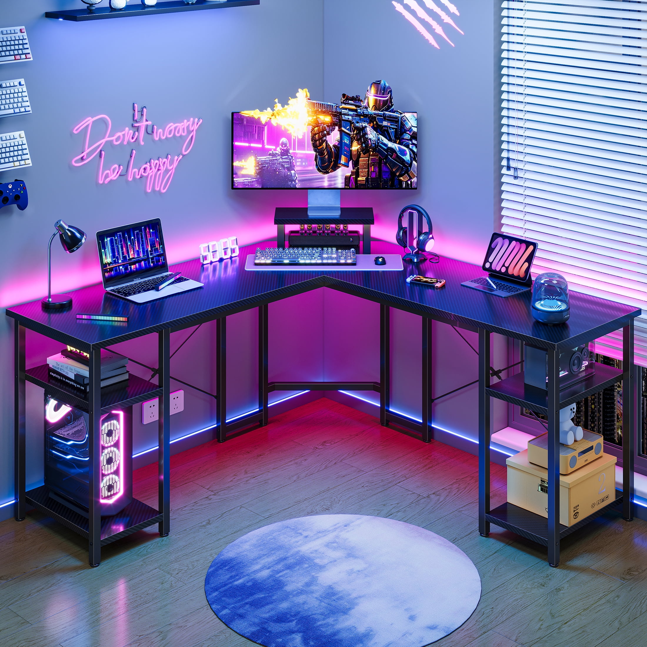 GUNAITO L Shaped Gaming Desk with CPU Stand, 61 Inch Modern Corner Computer Desk, 4-Tier Reversible Office Desk, Black Carbon Fiber
