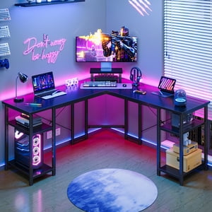 GUNAITO L Shaped Gaming Desk with CPU Stand, 61 Inch Modern Corner Computer Desk, 4-Tier Reversible Office Desk, Black Carbon Fiber
