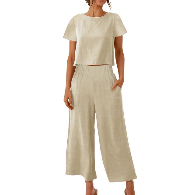 zanvin Ensembles 2 Pcs pour Femmes, Ensembles Assortis d'Été 2 Pcs pour Détente pour Femmes, Tenues Unies en Lin, Hauts à Col Rond à Manches Courtes et Pantalons Longs, Survêtements