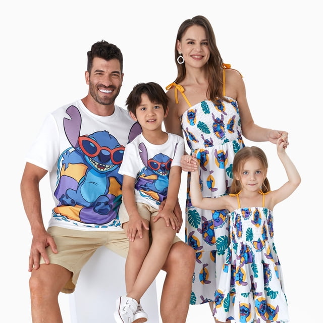 Disney Stitch Assorti pour la Famille NaiaTM Natation Stitch Imprimé de Plantes Tropicales Robe/tee/cache-Couche Sans Manches