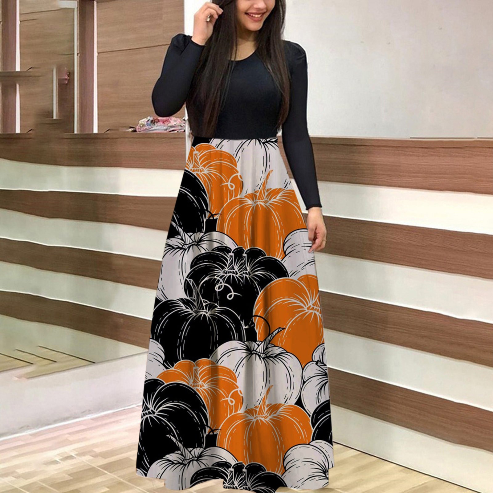 Halloween TIMIFIS Mode Automnale pour Femmes Femmes Robe Longue à Manches Longues Ample Unie Robes Maxi Décontractées Longues Robe de Cocktail Robe de Fête Robe Trapèze Vintage Robes de Retour à la Maison