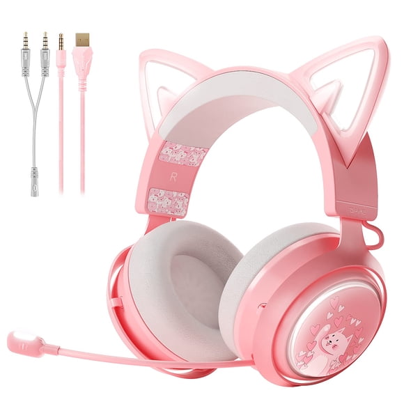 SOMIC GS510 Gaming Headset, Cat Ear Headset PC Gaming Headphones with Retractable Mic Noise Cancelling, Stereo Sound, DIY Face Covers for PC, PS4, PS