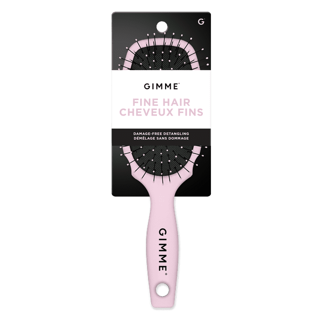 GIMME Brosse Démêlante pour Cheveux Fins Rose avec une Tête Plate Rectangulaire, Poils Flexibles Noirs Boutonnés de Perles Roses sur une base Coussinée, et Manche Rose avec Trou de Suspension et Marquage GIMME, Conçue pour un Démêlage Doux et Sans Dommages des Cheveux Fins et Convient pour une Utilisation sur Cheveux Mouillés Ou Secs.
