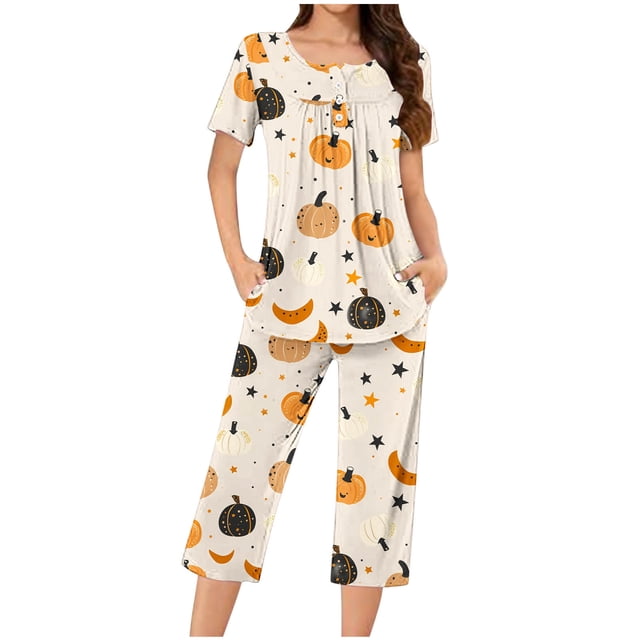 Jamicy Pyjama en Coton pour Femmes Vêtements de Maison pour Femmes Mode Décontractée Ample Imprimé Col Rond à Boutons Ensemble de Pyjama Capri Pyjama d'Halloween